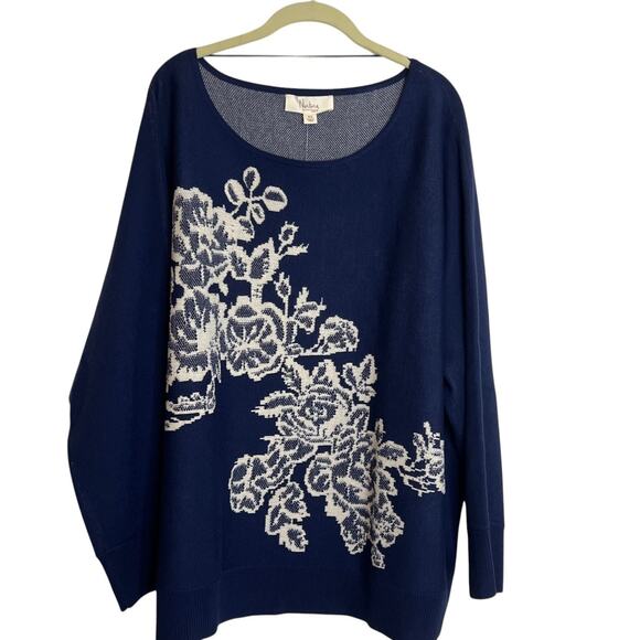 Nurture by Westbound Womens Sweater 2X Navy Blue White Floral Print Boat Neck - Picture 1 of 8